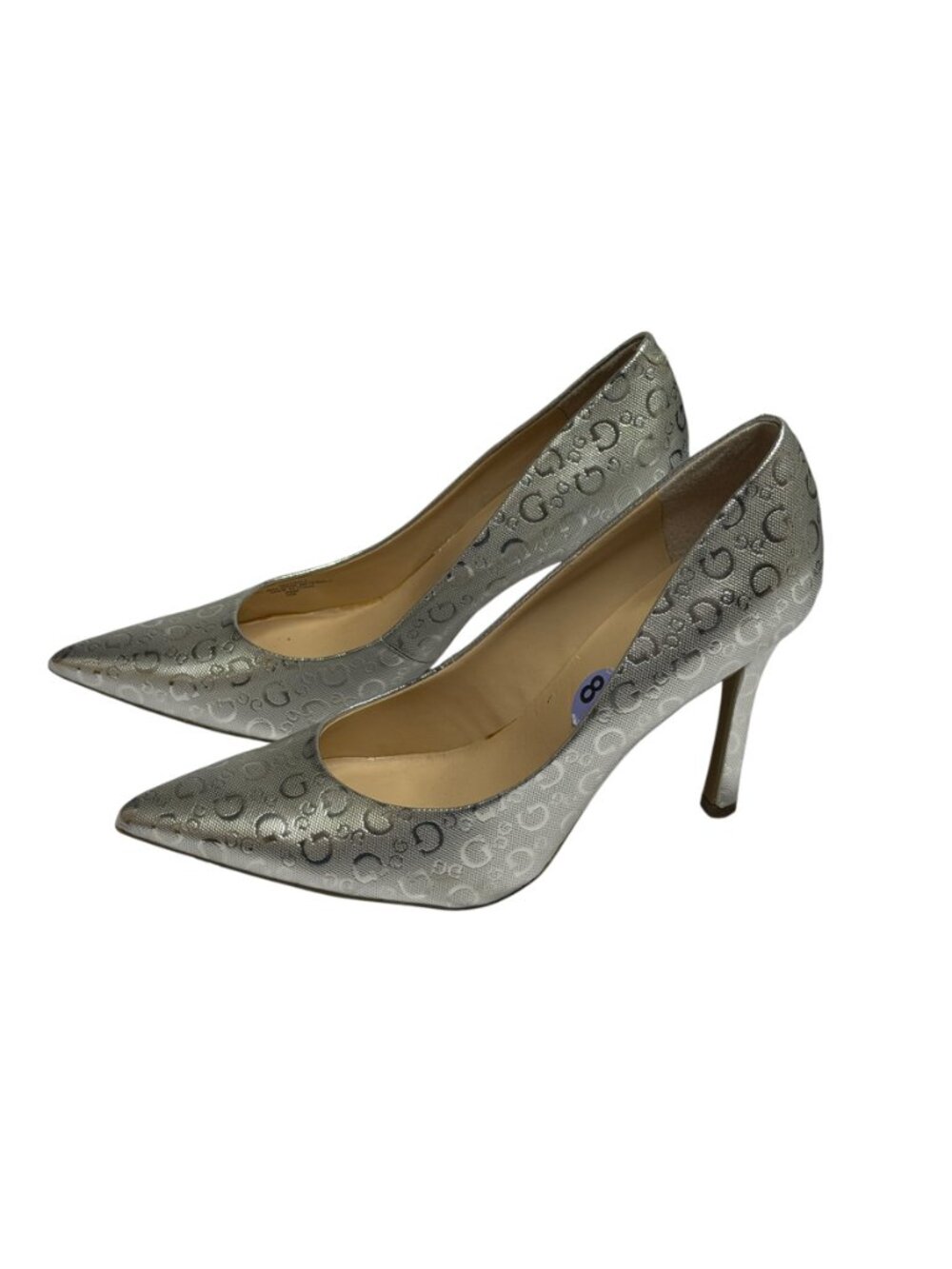 Guess Trace Pumps Shoes Stiletto Heel Logo Pointed Toe Metallic Silver 8.5 - Picture 2 of 13